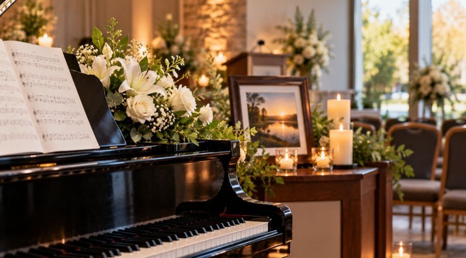 Piano, flowers, and candles arranged for a memorial at funeral homes in Martensville, SK