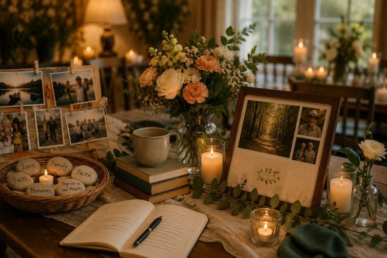 Memorial display with flowers and family photos at funeral homes in Saskatoon, SK