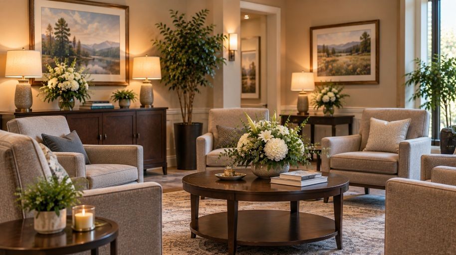 Welcoming memorial room with comfortable seating and flowers at funeral homes in Saskatoon, SK