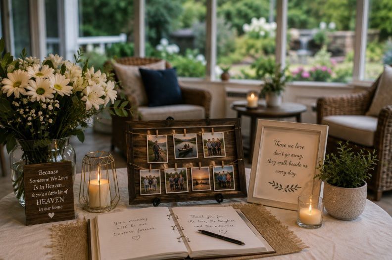 Memorial photo display, flowers, candles, and remembrance book at funeral homes in Warman, SK