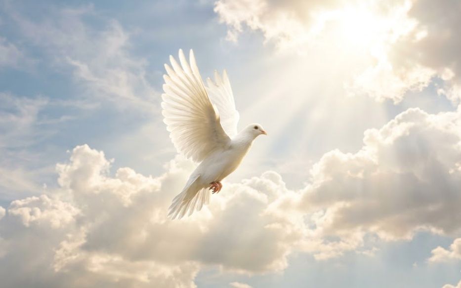 White dove soaring through sunlit clouds as a symbol of peace in Saskatoon, SK