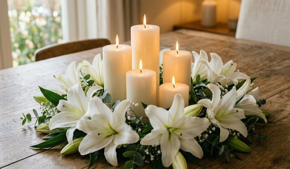 White lilies and lit candles arranged as a memorial centerpiece in Martensville, SK