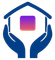 A blue graphic of two cupped hands protecting a house outline with a gradient purple-to-orange square in the center.