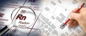 A magnifying glass focuses on Radon on a periodic table, alongside a hand marking a building on a map.