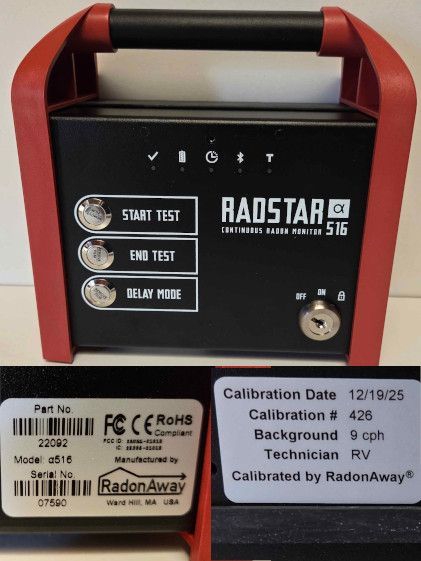 A black RadStar alpha 516 radon monitor with a red handle and two labels showing calibration and model information.