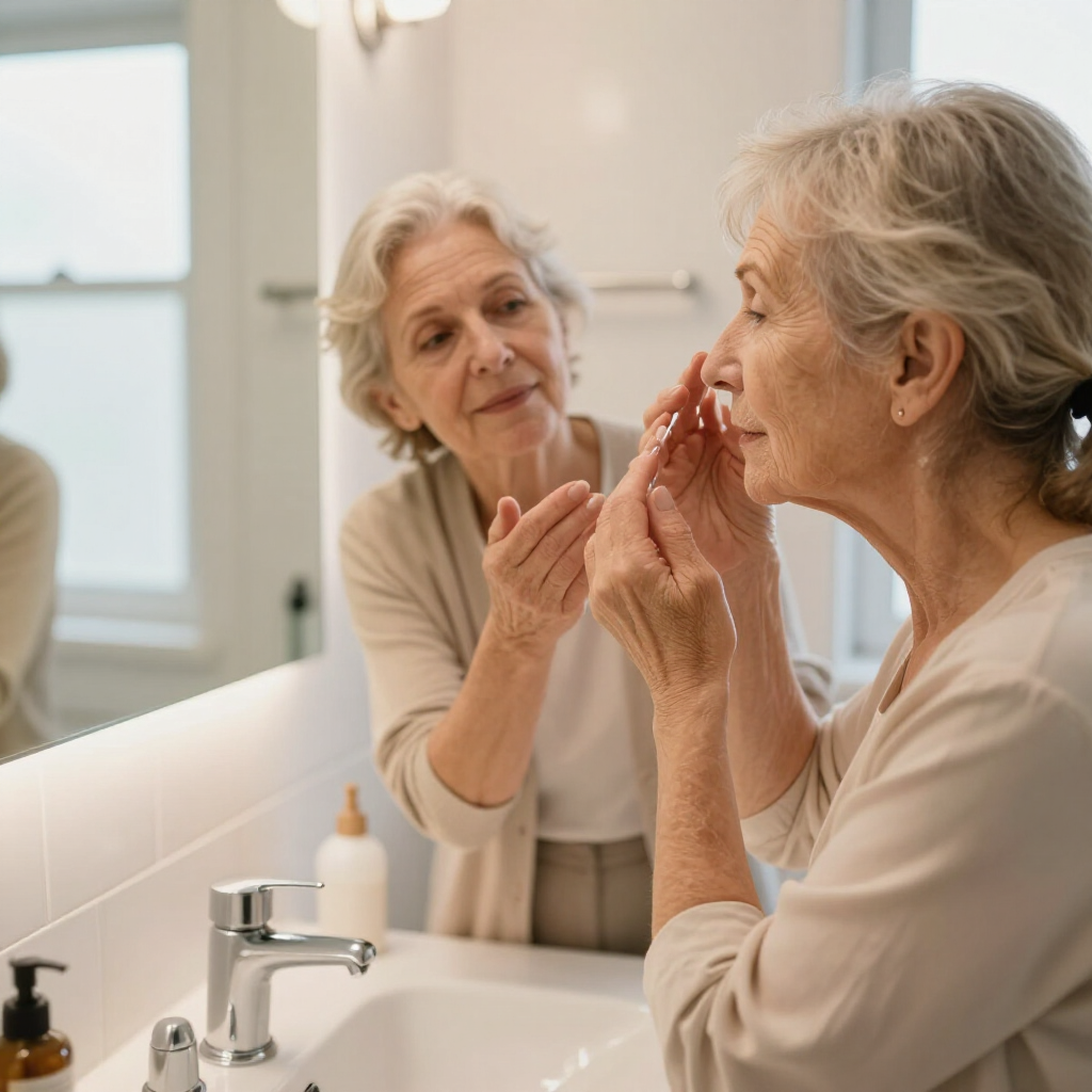 Caregiver assisting elderly woman with grooming
