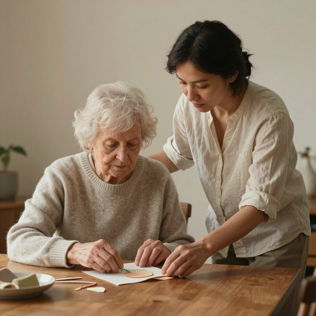 Caregiver guiding senior with dementia through a calm activity