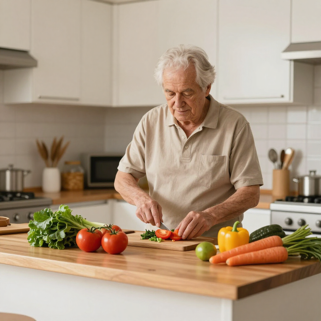 Caregiver preparing a healthy meal in a senior's kitchen
