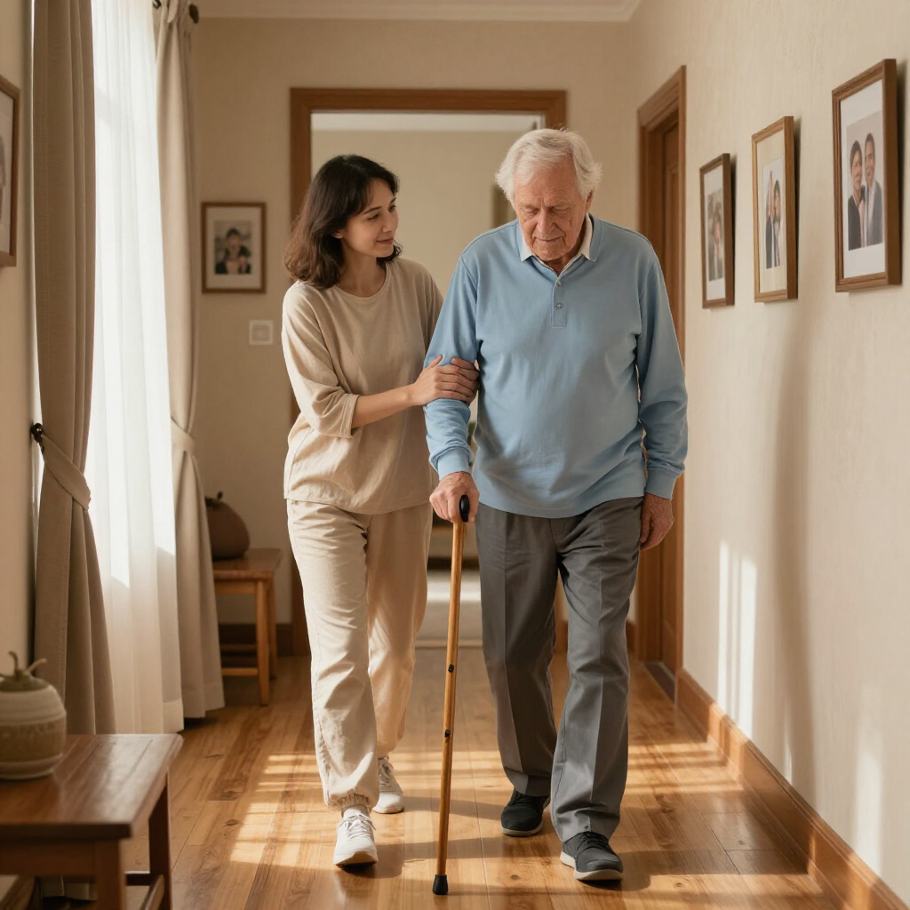 Caregiver supporting senior man walking during recovery