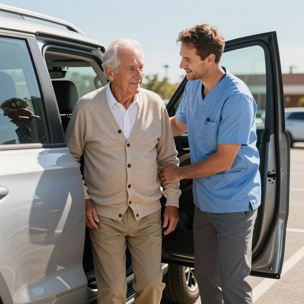 Caregiver helping a veteran into a vehicle