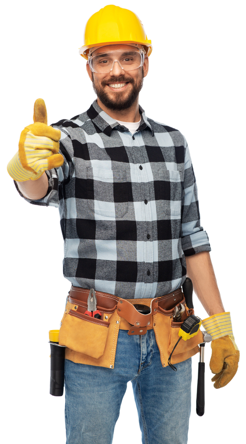 Construction worker in yellow hard hat and gloves gives thumbs up.