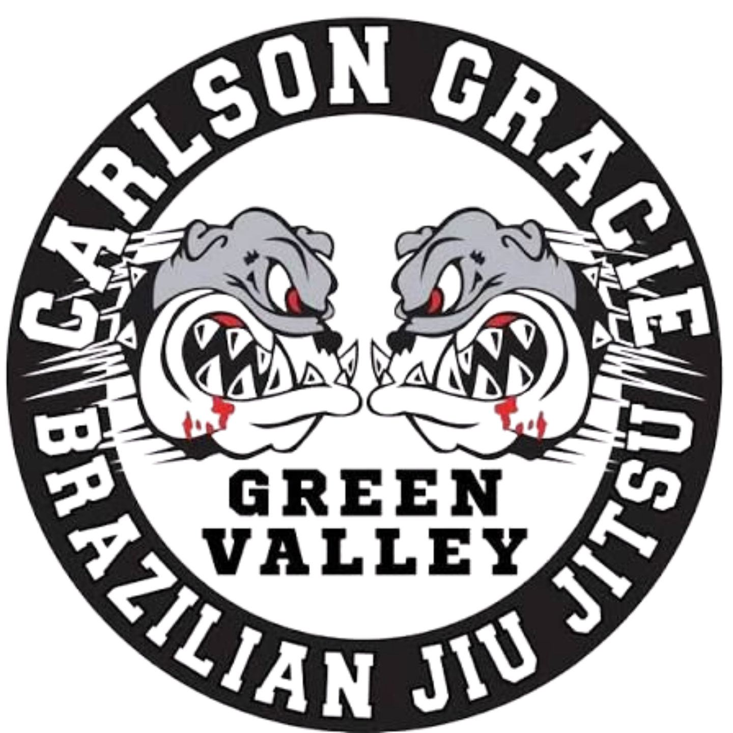 Carlson Gracie Green Valley Brazilian Jiu-Jitsu logo with two snarling bulldogs in a black circle.