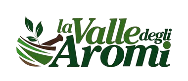 Logo per “La Valle degli Aromi” con foglie verdi e testo stilizzato su sfondo bianco.