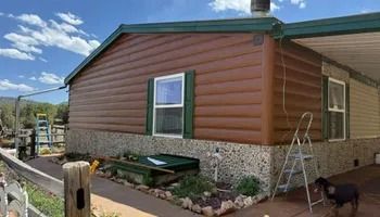 Single-story house with tan siding, green trim, stone foundation, and a ladder leaning by the wall.