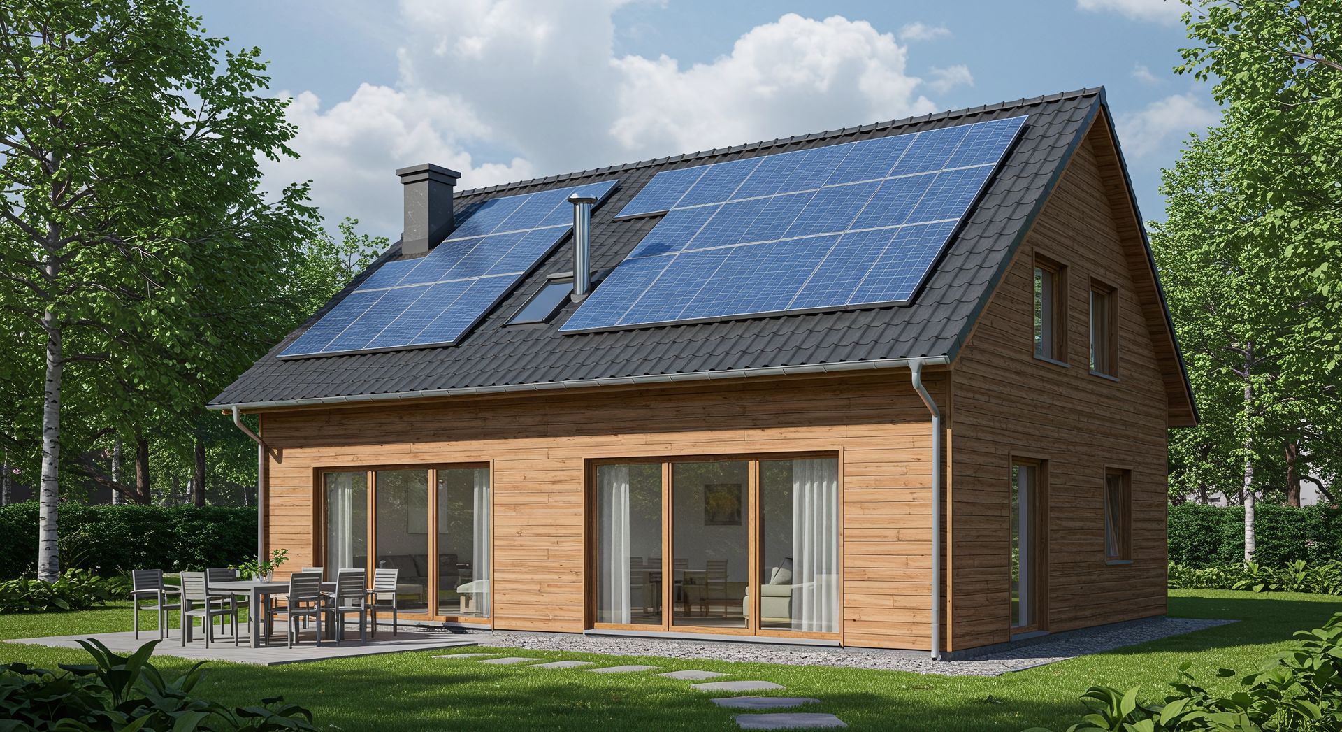 Modern wooden house with solar panels, large windows, and a patio in a green yard