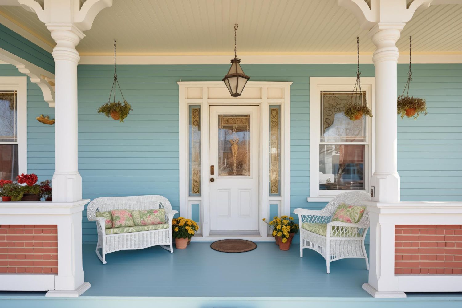 Front porch with blue siding, white columns, hanging plants, and two benches with floral cushions