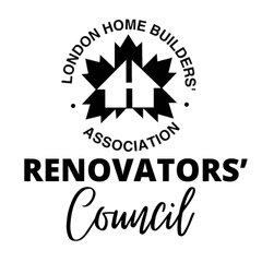 The black and white logo for the London Home Builders' Association Renovators' Council, featuring a maple leaf house icon.