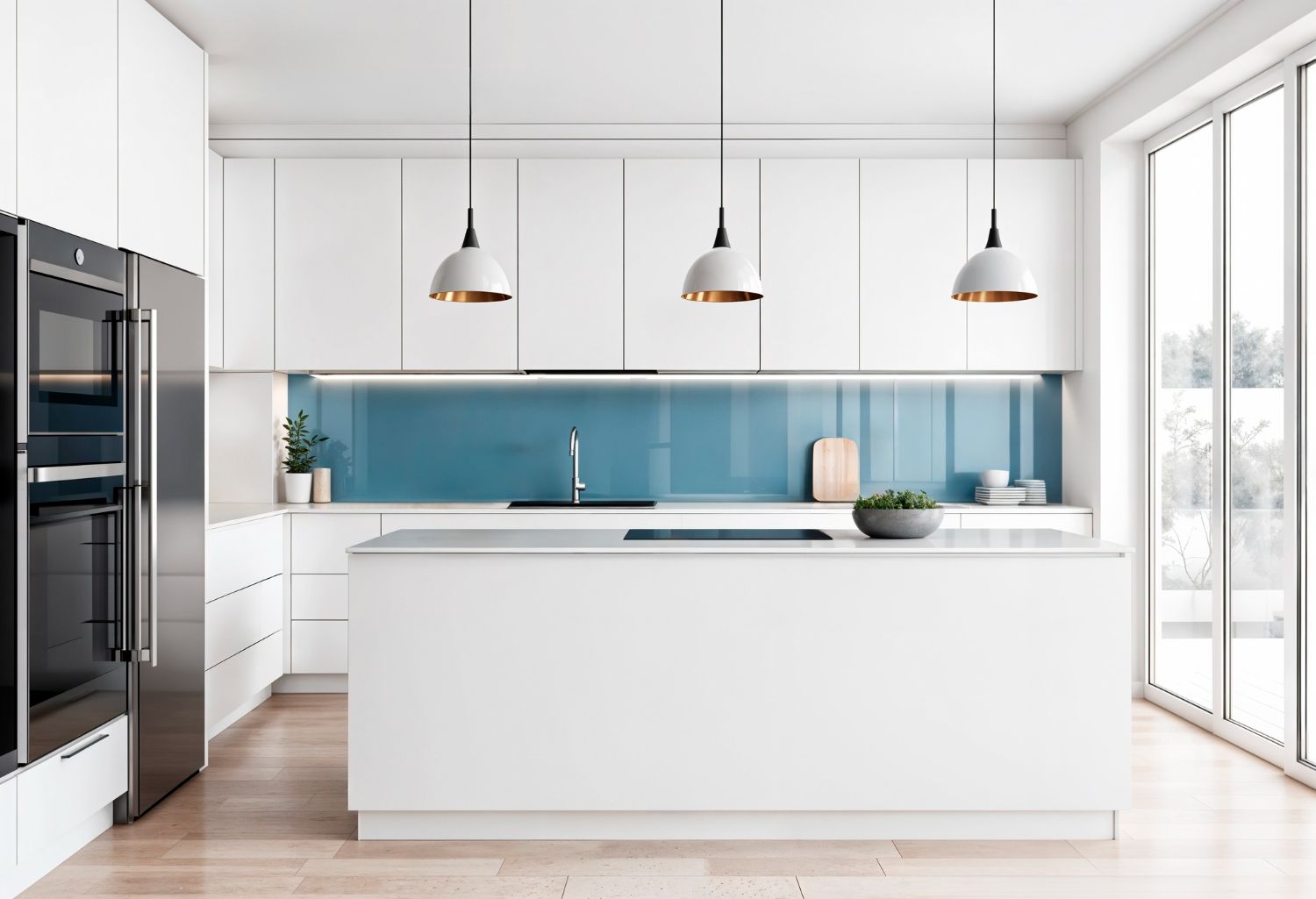 Bright modern white kitchen with blue backsplash, island, pendant lights, and large windows