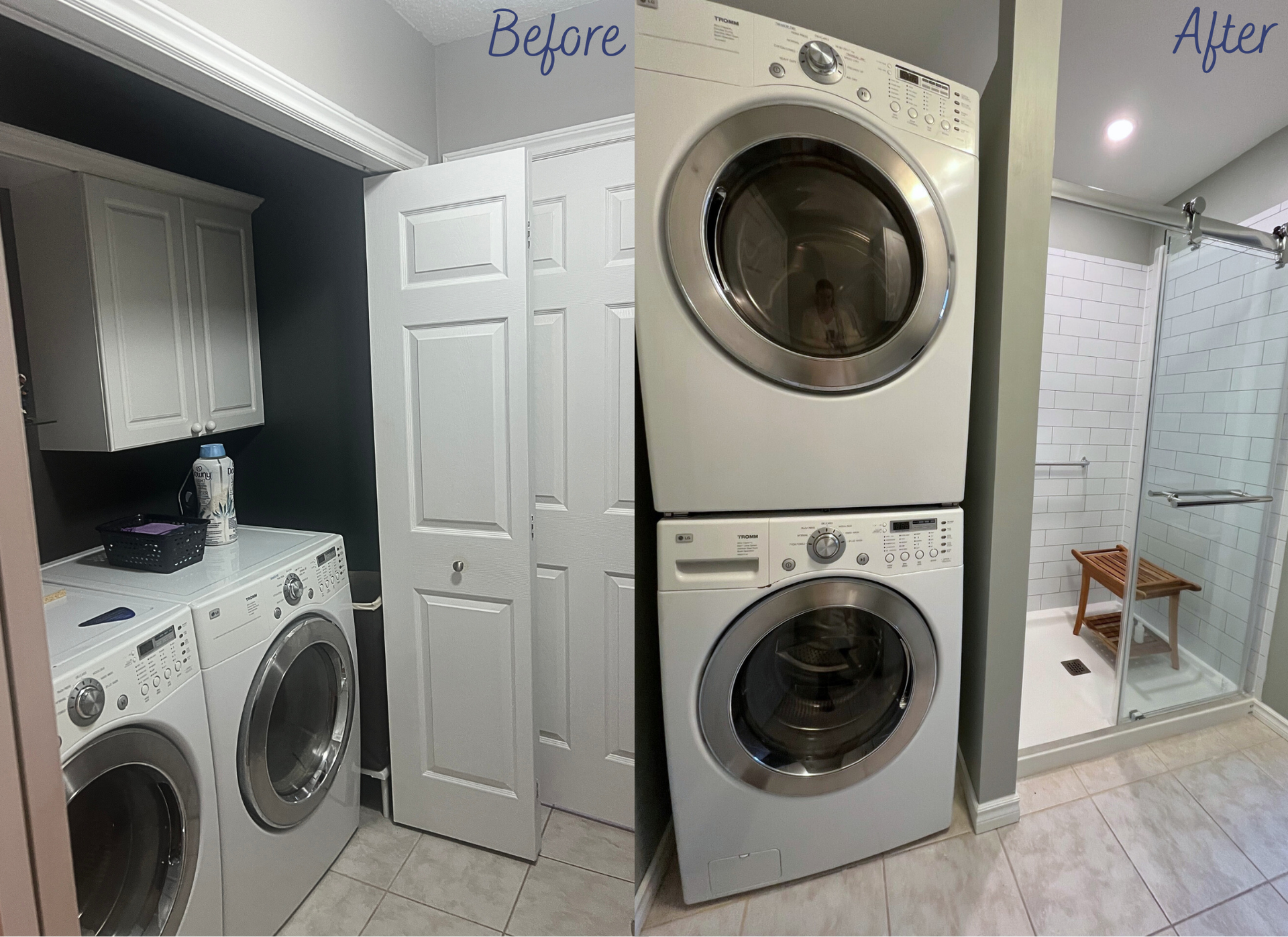 Laundry room before-and-after: stacked washer and dryer added beside existing side-by-side units.