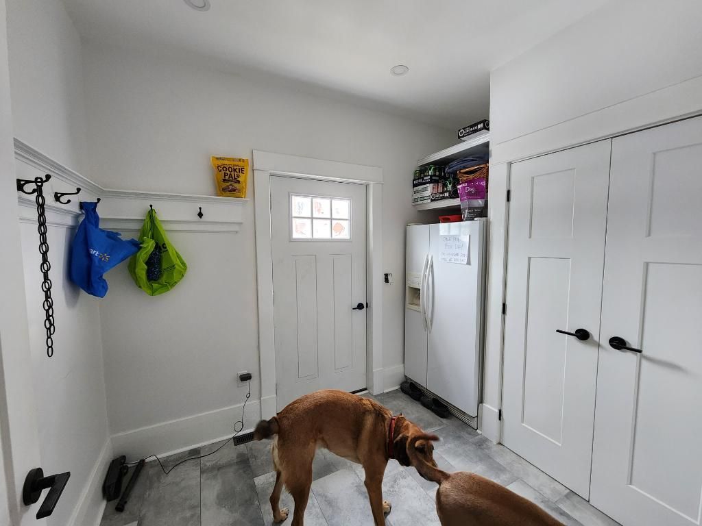 Two dogs are standing in a hallway next to a refrigerator.