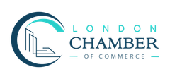 Logo for the London Chamber of Commerce featuring a stylized blue circular icon and text in dark blue and teal.