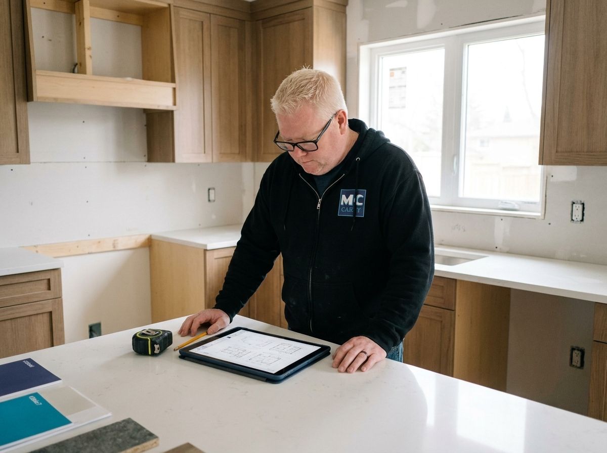 Person reviewing plans on a tablet in a bright unfinished kitchen with wooden cabinets and white countertops