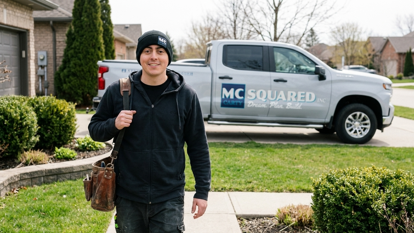 Man in black hoodie smiling beside a white MCSquared work truck in a suburban driveway