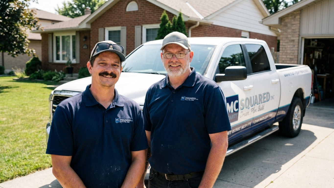 Two uniformed service workers standing beside a white service truck in a suburban driveway