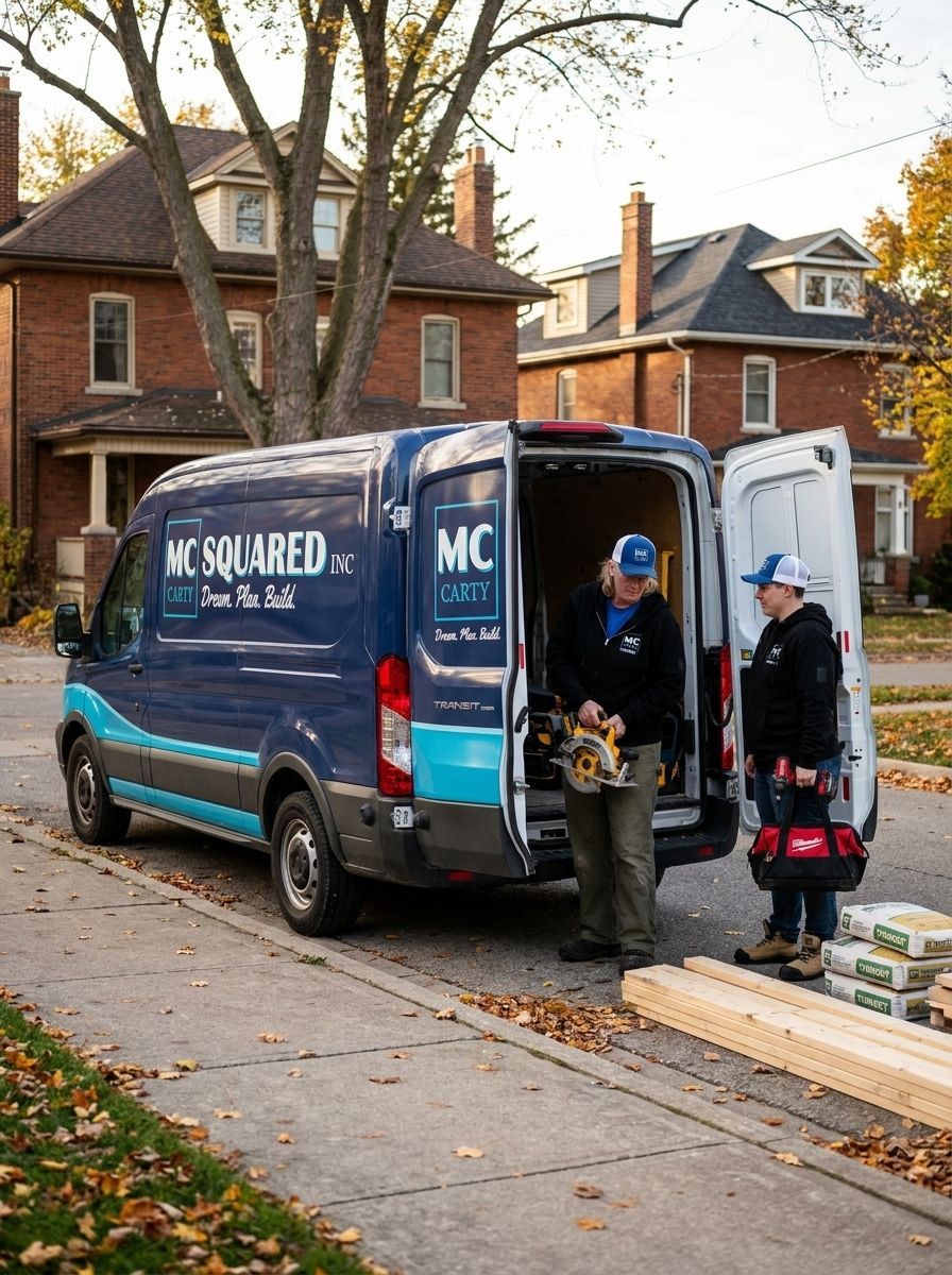 Two workers unload equipment from a blue MC Squared van parked on a residential street.