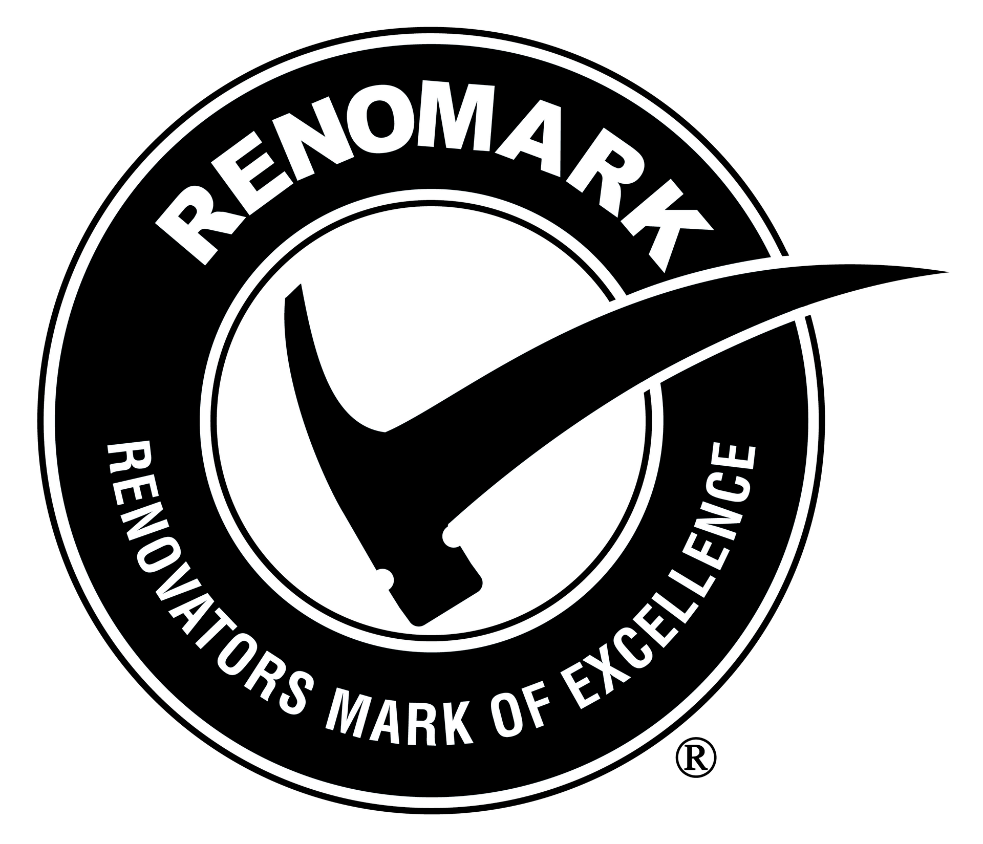 Renomark logo with a hammer inside a circular black-and-white emblem and the phrase “Renovators Mark of Excellence”