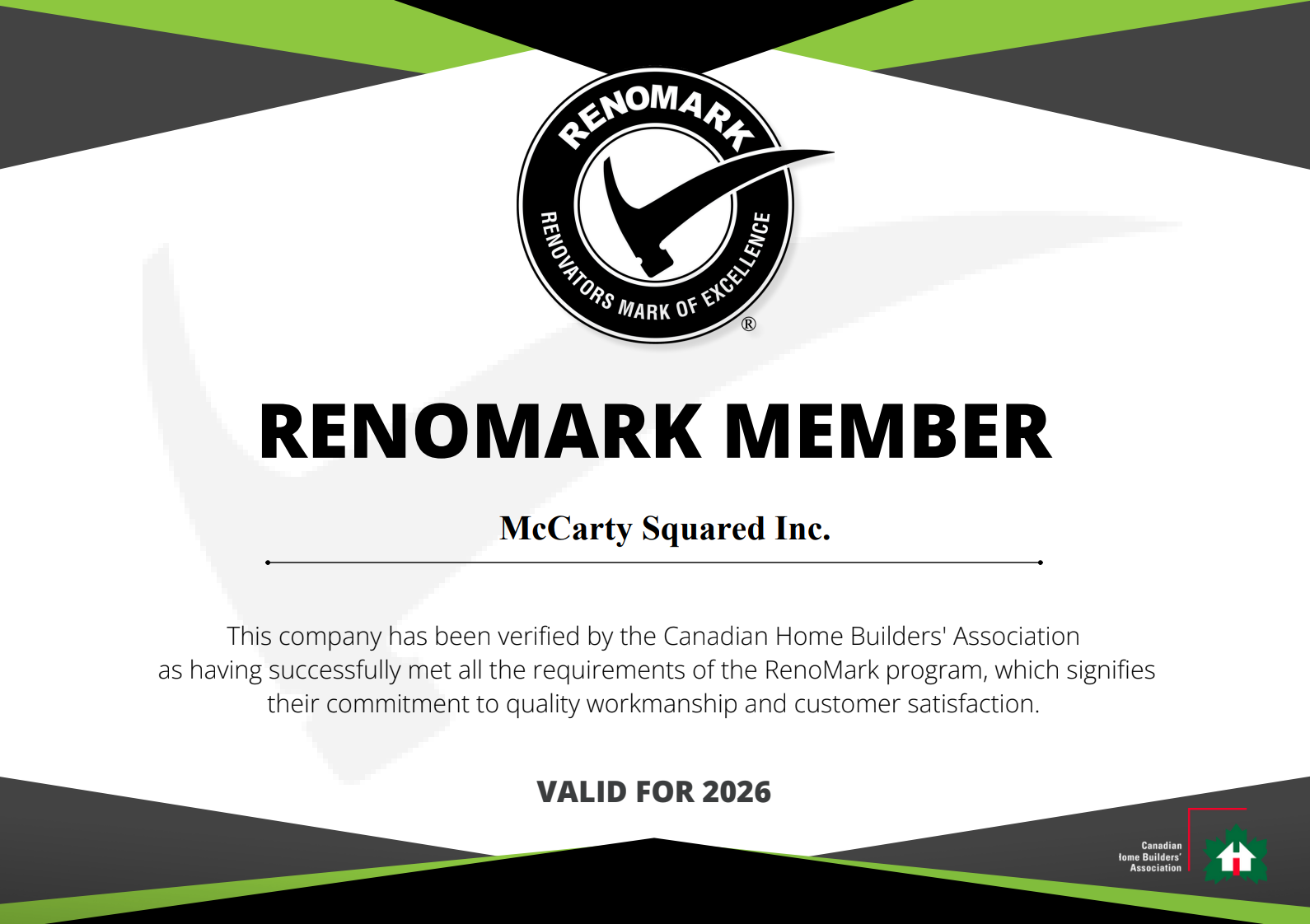 A RenoMark membership certificate for McCarty Squared Inc., valid for 2026, featuring the RenoMark logo of excellence.
