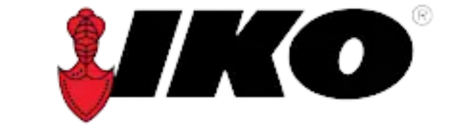 The red logo of IKO features a stylized trowel icon to the left of the bold, black capitalized text "IKO."