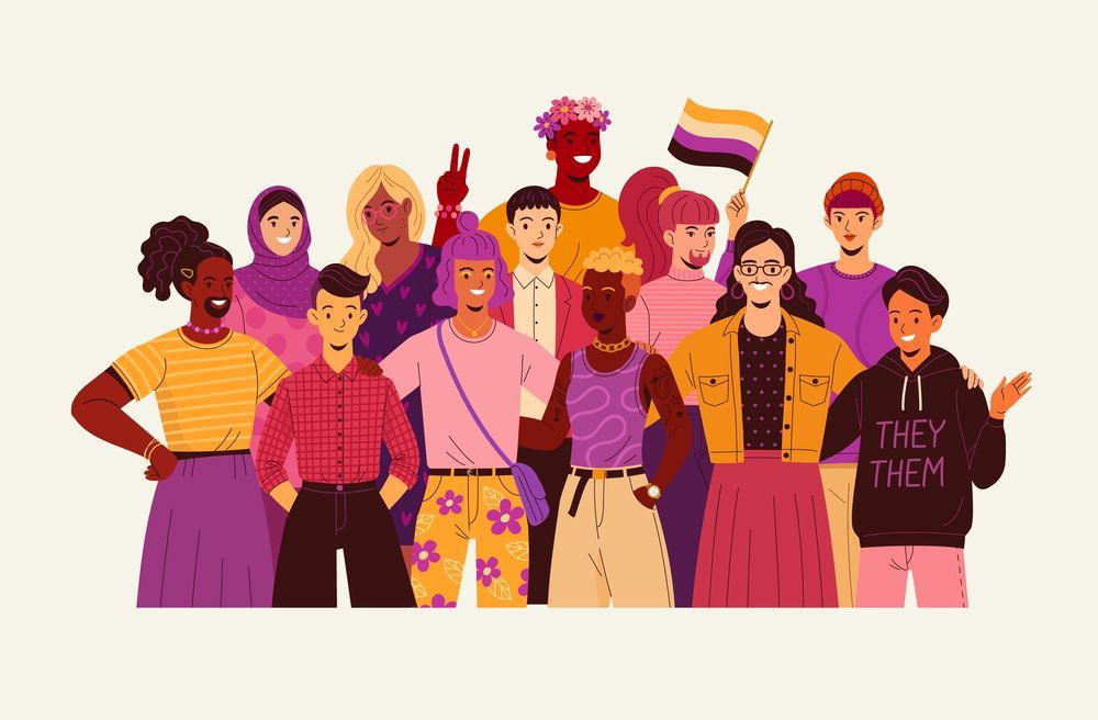 A group of people of different races and genders are standing next to each other.