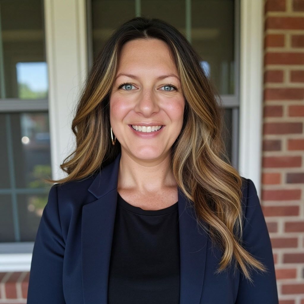 A smiling person with long brown and highlighted hair, wearing a dark blue blazer over a black top, outdoors by a window.