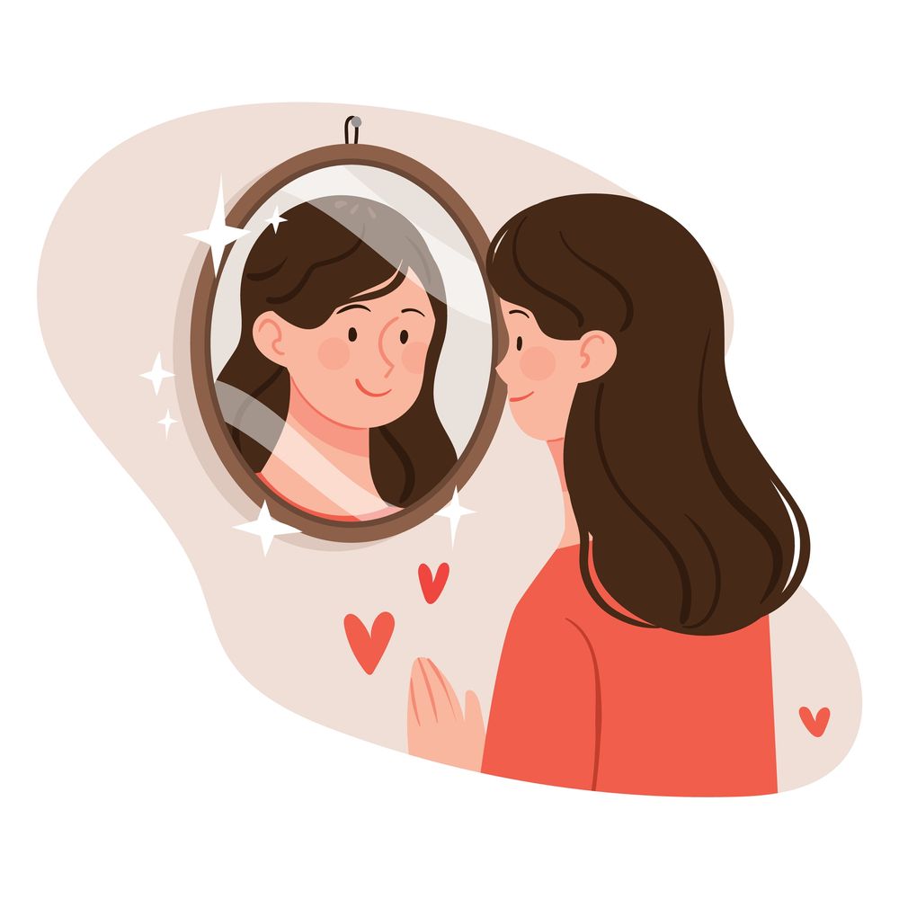 A woman is looking at her reflection in a mirror.
