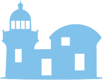 Light blue silhouette of a lighthouse and attached building with rectangular windows.