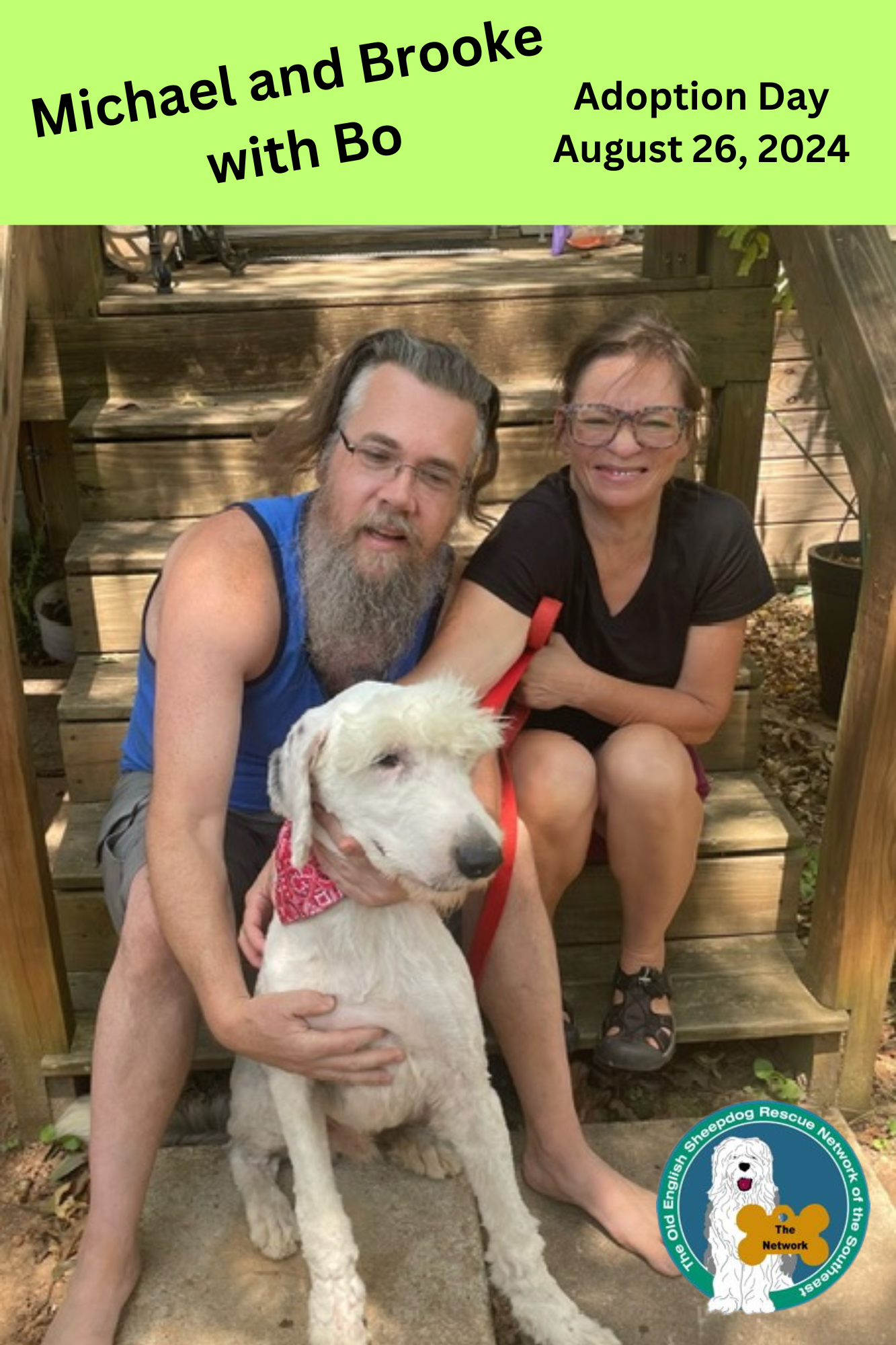 A man and a woman are sitting on a bench with a dog.