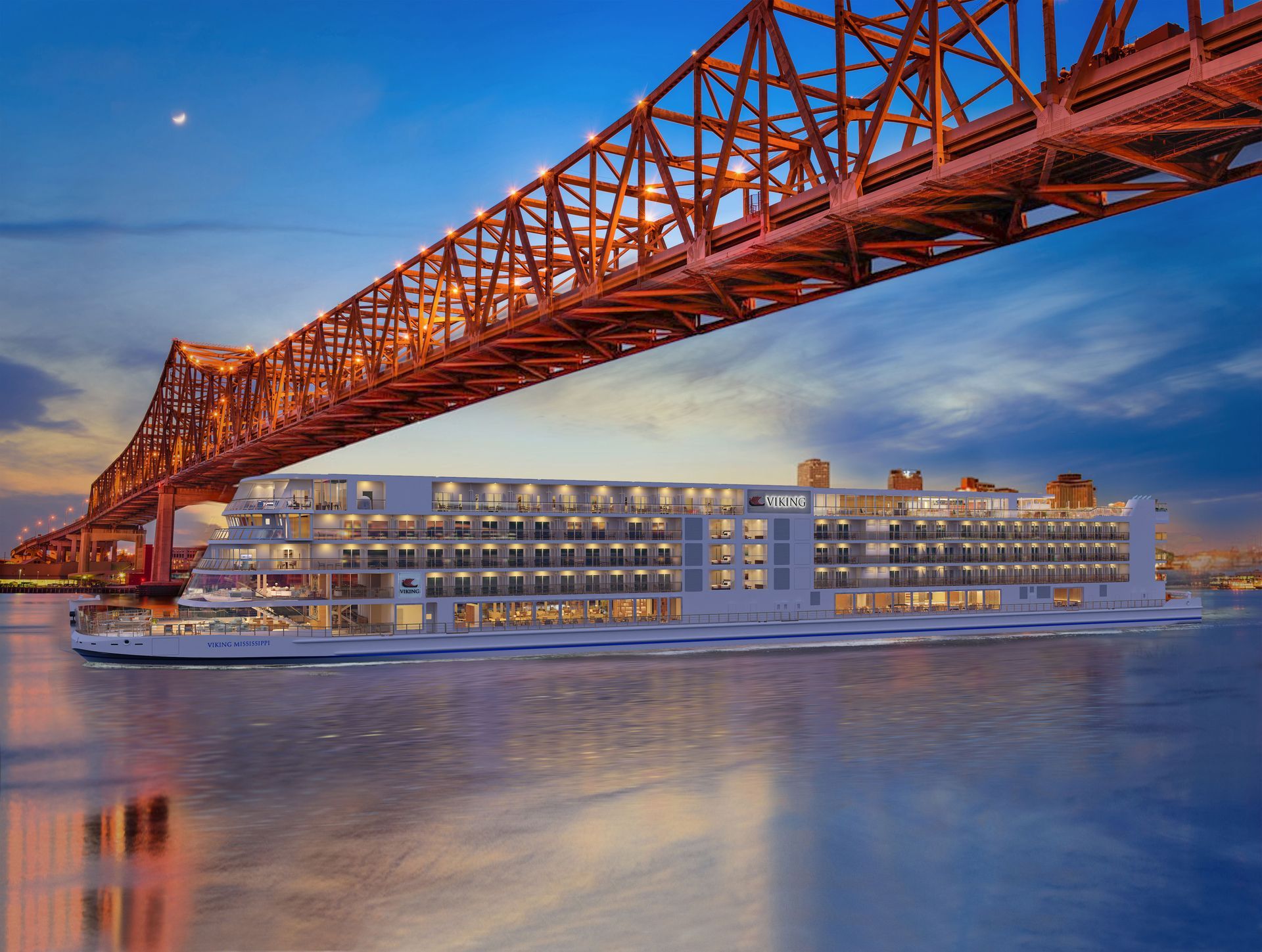 A large cruise ship is under a bridge in the water.