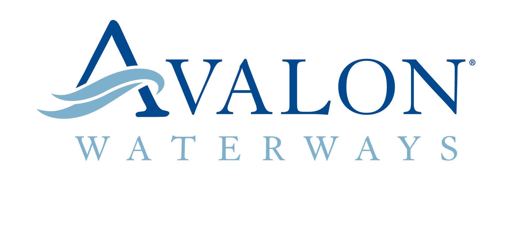 The avalon waterways logo is blue and white with a wave in the middle.