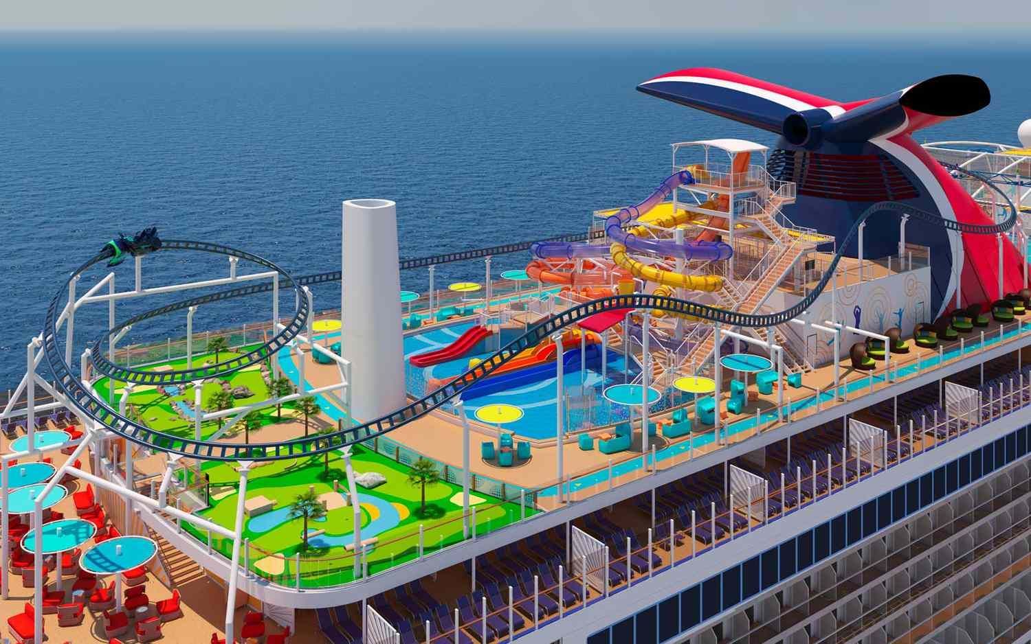 A cruise ship with a roller coaster and a mini golf course on the deck.