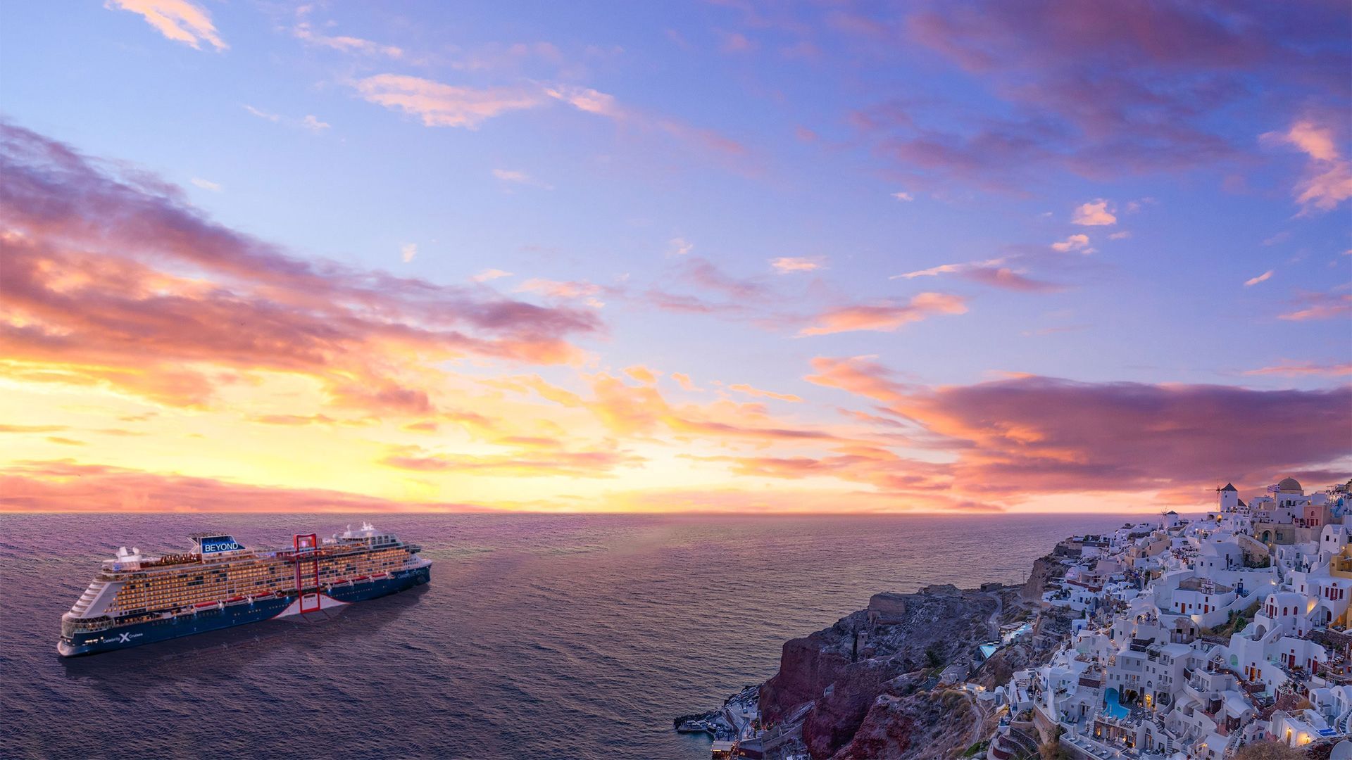 A cruise ship is sailing in the ocean at sunset.