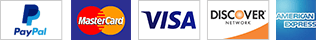 Logos for PayPal, Mastercard, Visa, Discover, and American Express payment methods.