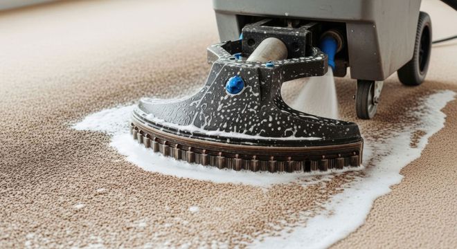 Industrial carpet cleaning machine in action: deep cleaning process with foam. Industrial carpet cleaning machine in action: deep cleaning process with foam.