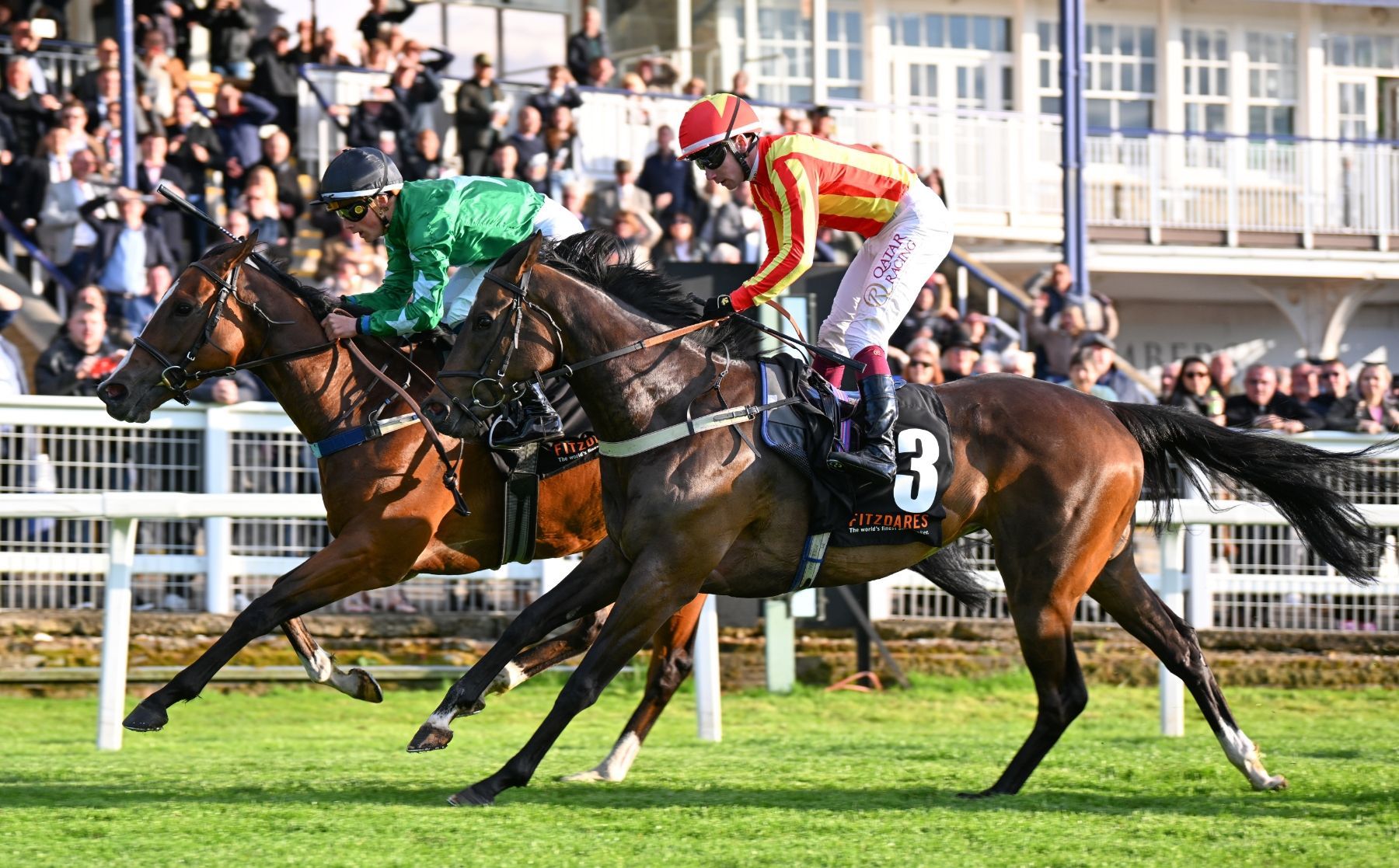 A group of horses are racing on a race track.