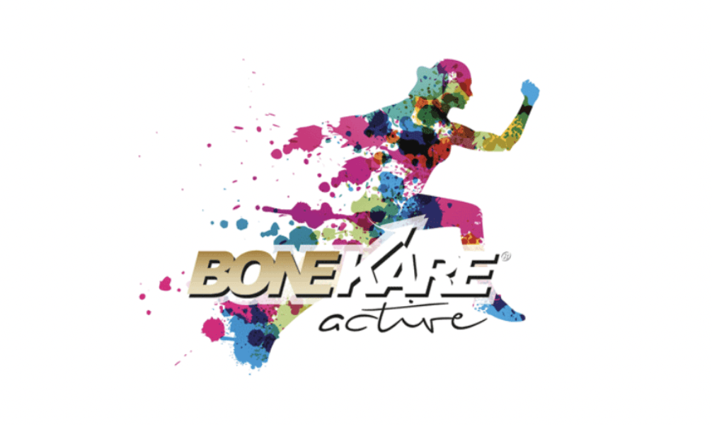 A logo for bonekare active with a silhouette of a person running