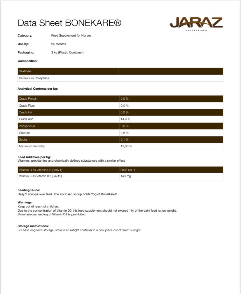 BoneKare supplement data sheet