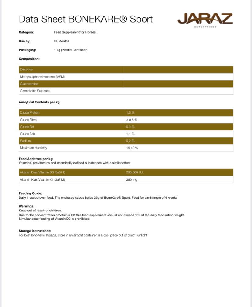 BoneKare Sport supplement data sheet