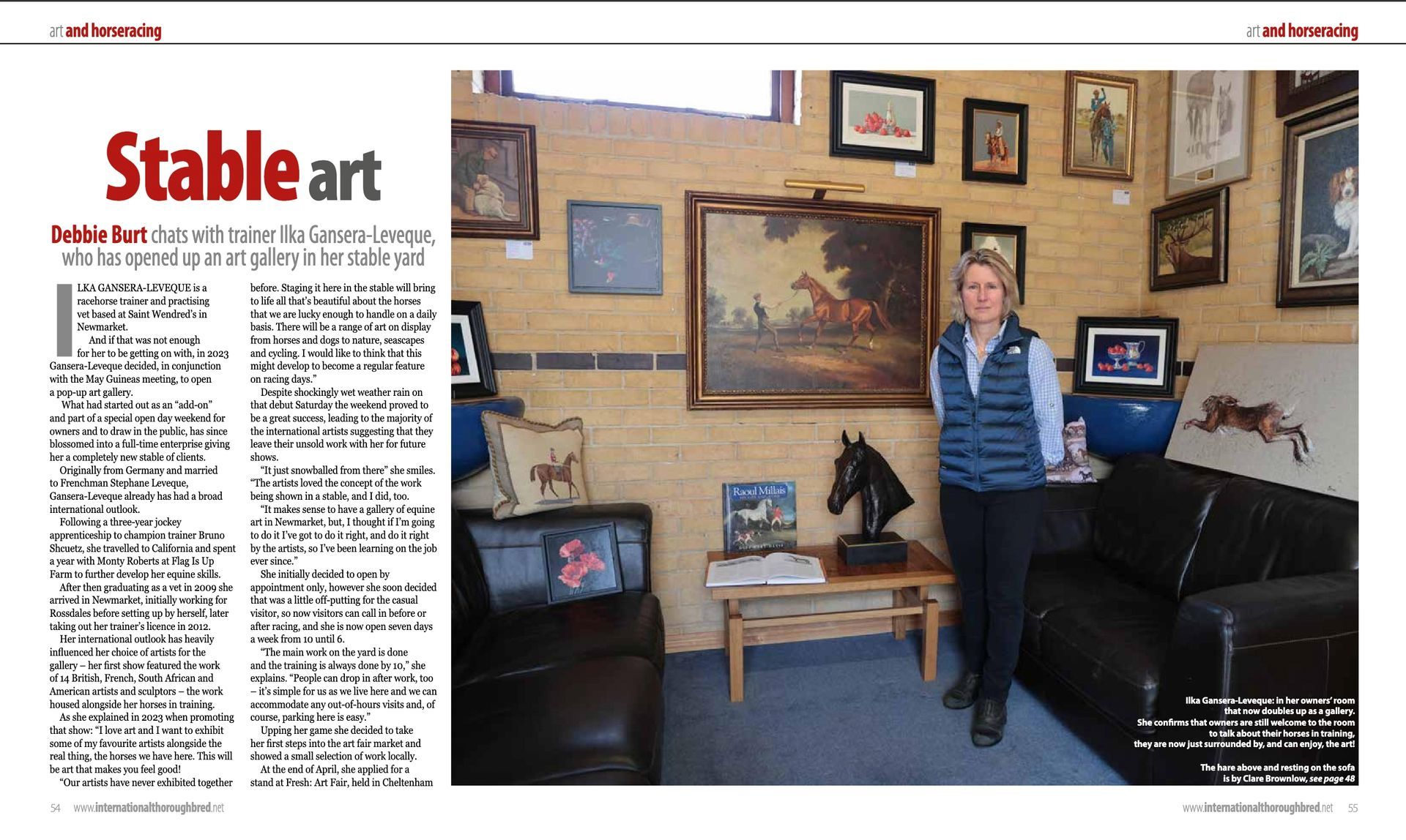 A newspaper article about stable art with a woman in a living room