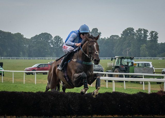 A jockey on a horse jumping over a fence