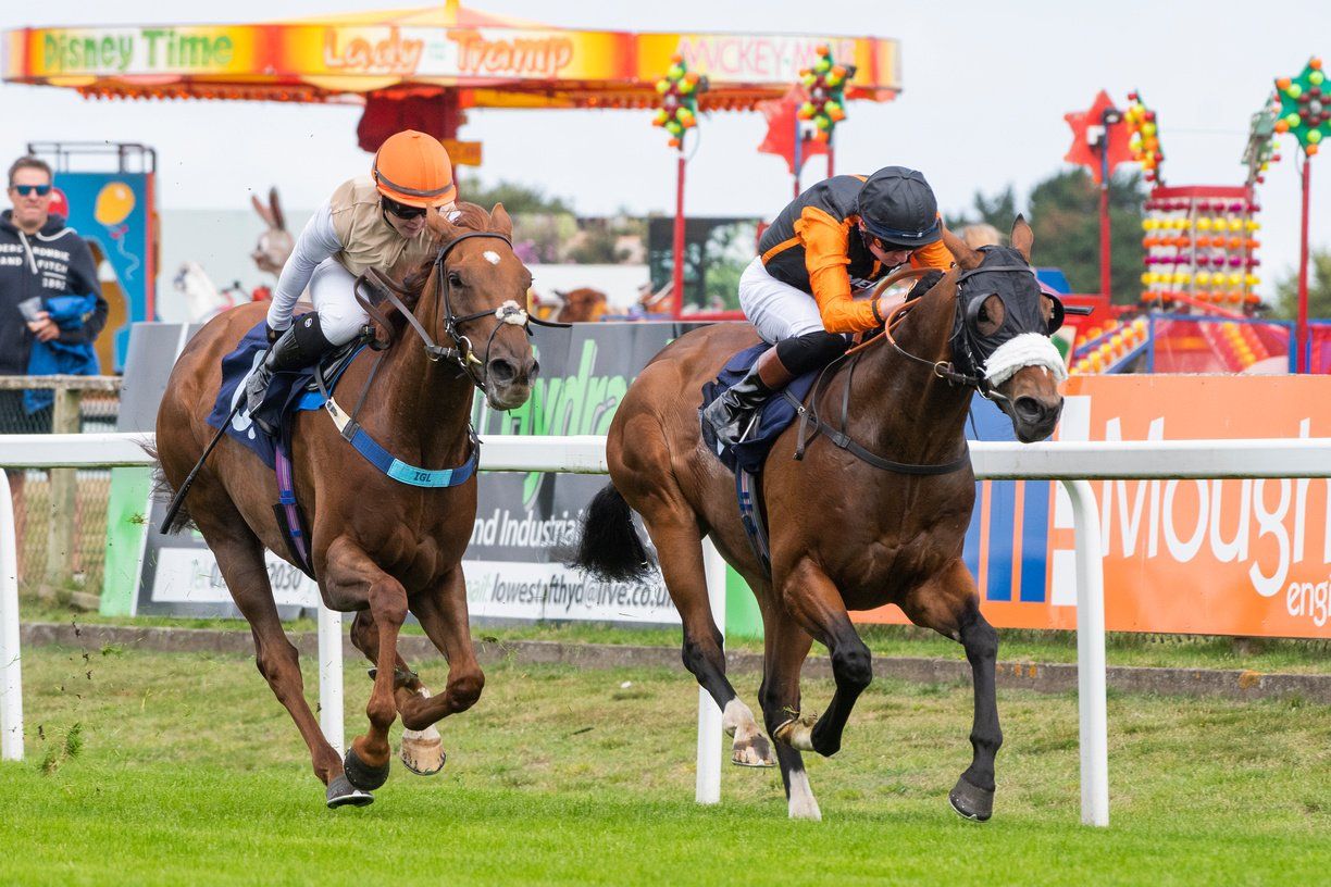 A group of horses are racing on a track.
